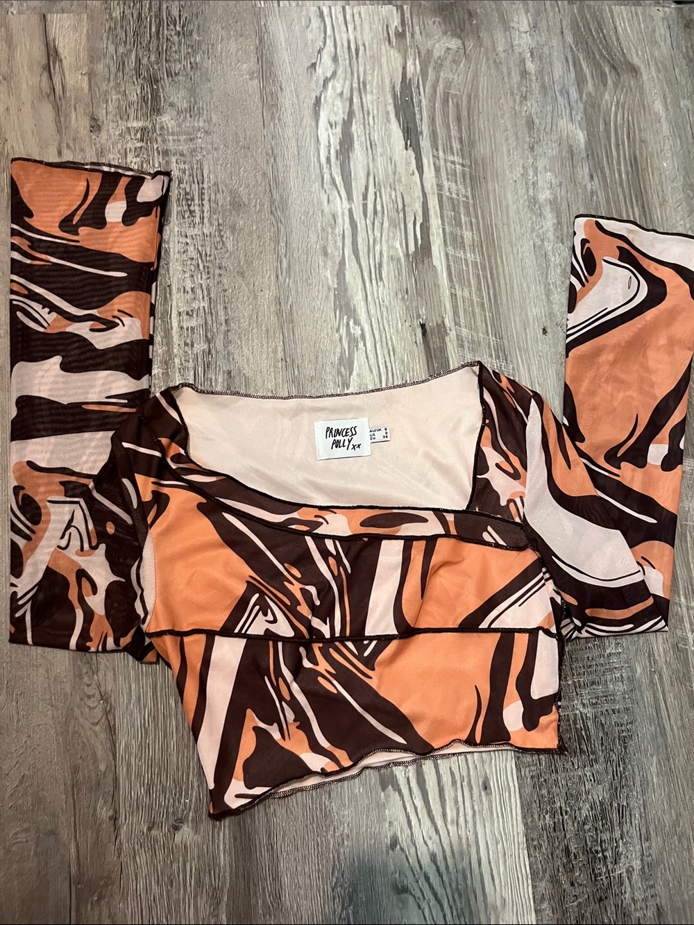 Princess Polly Orange, Brown & Cream Marble Print Long Sleeve Crop Top